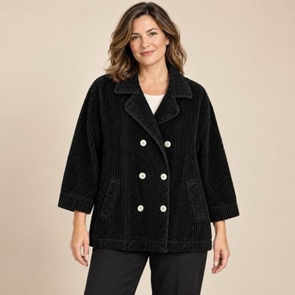 Chicos 3 Chunky Corduroy Jacket XL Double Breasted Button Black Boxy Artsy Retro